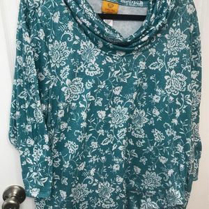 Ruby Rd. plus size 2x teal turquoise glitter to with cowl neckline floral